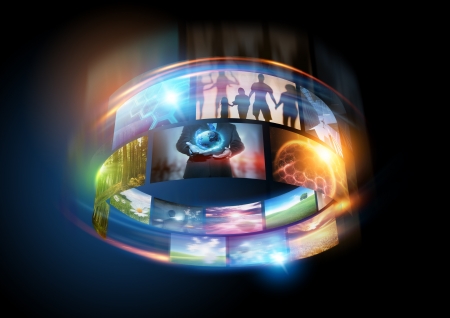 Media World - lots of colourful screens spinning aroundの写真素材