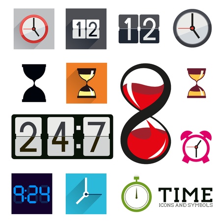 A collection of time flat icons with clocks and timers.
