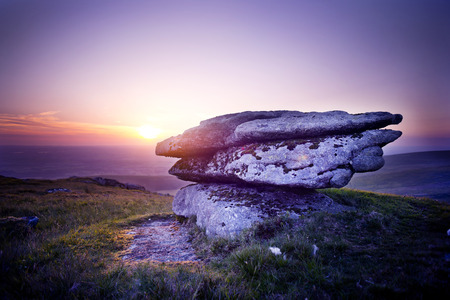 Dramatic Wild Moorlands rocks. Sunset Wild landscape from Dartmoor, UKの写真素材