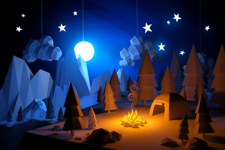 Low Poly 3D handemade feel camping adventure landscape. Camping under a full moon.の写真素材