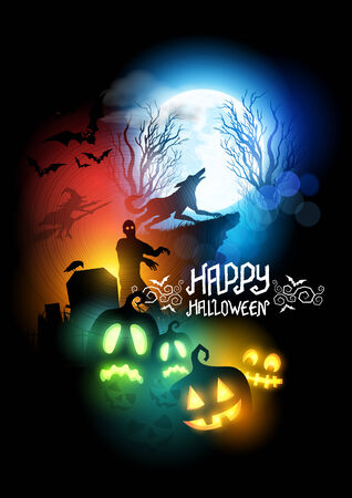 Happy Halloween Scenic vector illustration with a werewolf, zombie and Jack O' Lanterns.のイラスト素材