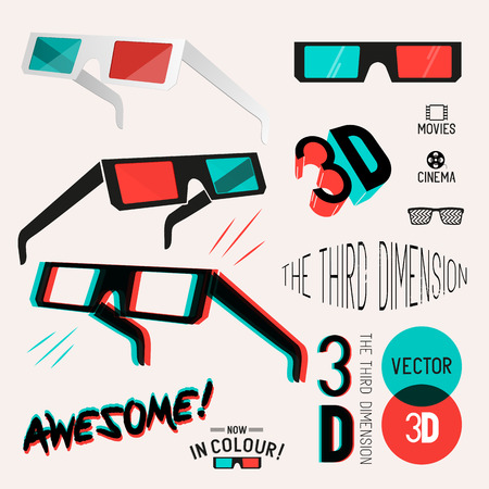 A collection of vector symbol design 3D glasses used for viewing retro 3D images and movies. Vector illustration Set.のイラスト素材