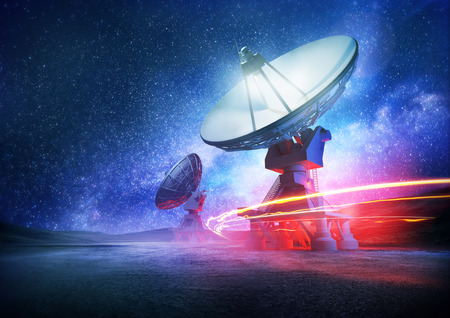 Astronomy deep space radio telescope arrays at night pointing into space. The milky way sets the background. Illustration.の写真素材