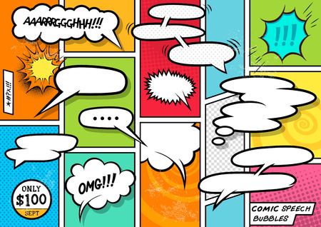 Comic Book Speech Bubbles. A set of colourful and retro comic book design elements with speech bubbles! Vector illustration.のイラスト素材