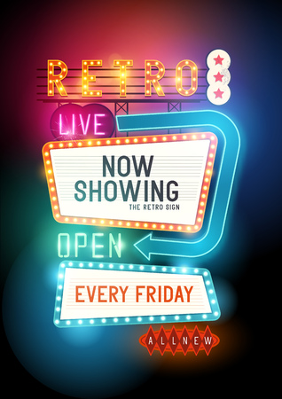 Retro Showtime Sign. Theatre cinema retro sign with glowing neon signs. Vector illustration.のイラスト素材