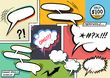 Vintage Comic Book Speech Bubbles. A set of colourful and retro comic book design elements with speech bubbles! Vector illustration.のイラスト素材