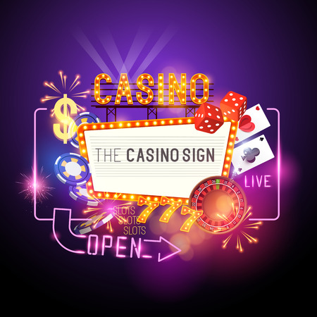 Casino Party Vector - Role the dice - Win big! Casino vector illustration design with poker, playing cards, slots and roulette. Glowing Casino sign. Layered illustration.のイラスト素材