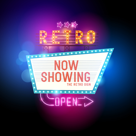 Retro Showtime Sign. Theatre cinema retro sign with glowing neon signs. Vector illustration.のイラスト素材