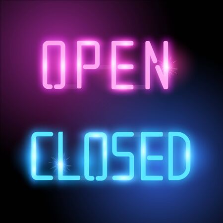 Open and Closed Neon Vector Signs. Bright neon shop signs in neon pink and blue. Vector illustration.のイラスト素材