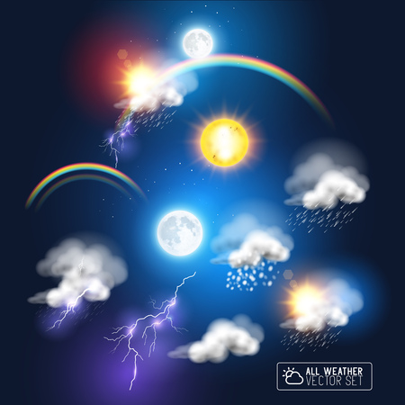 Modern Weather symbols, including a rainbow, storm clouds sun and moon. Vector illustration.のイラスト素材