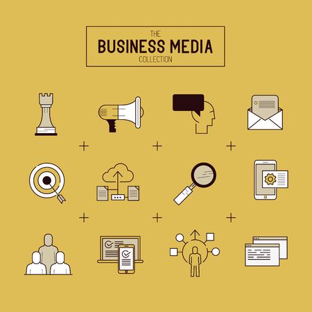 Business Vector Icon Set. A collection of gold business themed line icons including tools, technology and production. Layered Vector illustration.のイラスト素材