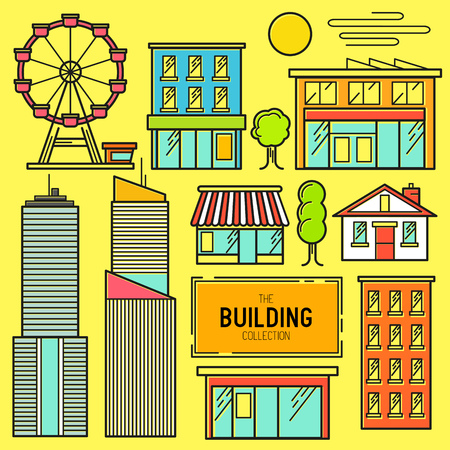 Urban building Vector Icon Set. A collection of buildings including a ferris wheel, house, sky scrapers and shop stores. Layered Vector illustration.のイラスト素材