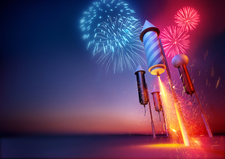 Firework Rockets Launching. Sparks flying from a firework rockets lit fuse. Fireworks and celebrations illustration.の写真素材