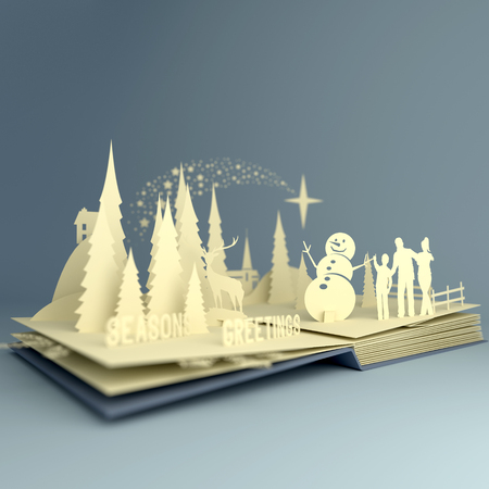 Pop-Up Book - Christmas Story. Styled 3D pop-up book with a chrsitmas theme including a family building a snowman, winter forest and stars. Illustration.の写真素材