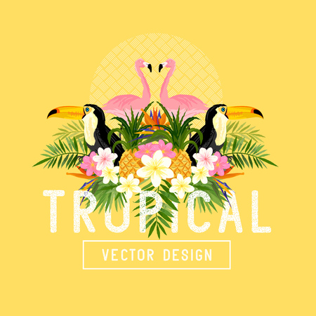 Tropical Summer Vector. Tropic elements including flamingo, Palms, Bird of paradise flowers and pineapplesのイラスト素材
