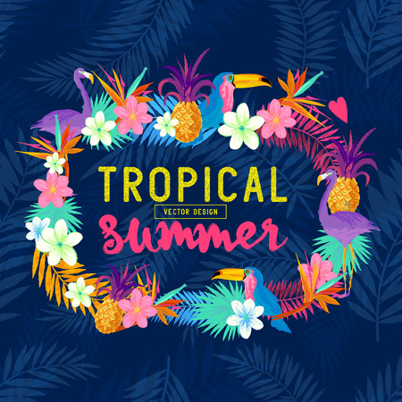 Vivid Tropical Border. Including flamingo, Palms, Toucans, Bird of paradise flowers and pineapples.のイラスト素材