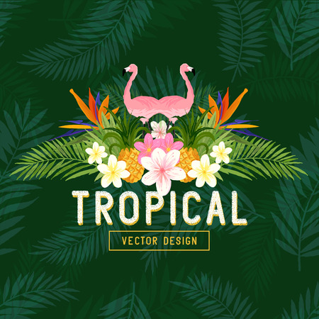 Tropical Summer Vector. Tropic elements including flamingo, Palms, Bird of paradise flowers and pineapplesのイラスト素材
