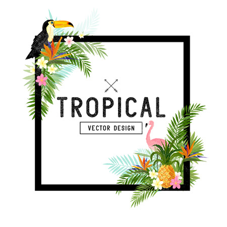 Tropical Border Design. tropical hand drawn elements including bird of paradise flower, Toucan and flamingo birds and tropical floral elements.