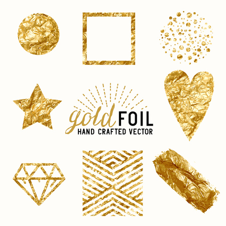Gold Foil Effect Set. A collection of gold foil items including gold dust, gold foil wrap, gold dots and patterns.のイラスト素材