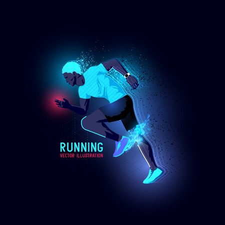 Neon glowing backlit silhouette of a man running - illustrationのイラスト素材