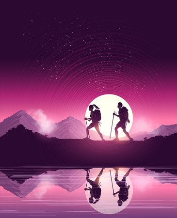 A couple of people with backpacks enjoy hiking through a scenic mountain pathway. Vector illustrationのイラスト素材