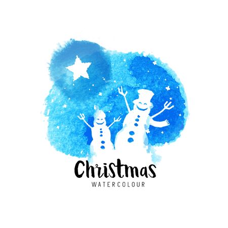 Festive christmas vector illustration with falling snow and cheering snowmen.のイラスト素材