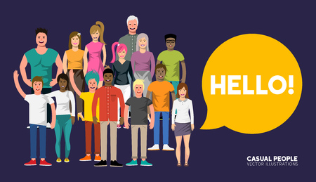 A crowd of happy and welcoming diverse casual people characters . Vector illustrationのイラスト素材