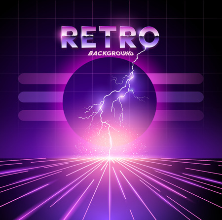 Retro 1980's neon horizon background with lightning bolts. Vector illustrationのイラスト素材