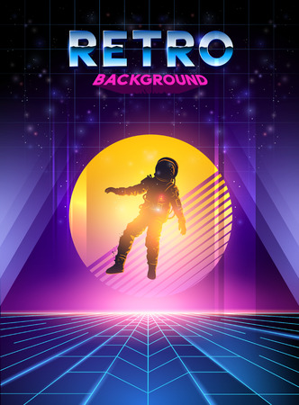 Retro 1980's digital neon background with sunset and spaceman. Vector illustrationのイラスト素材