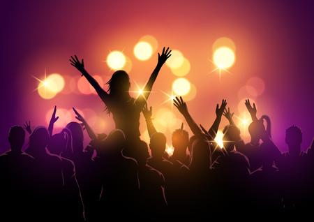 A group of young people in a crowd at a music festival concert. Vector illustrationのイラスト素材