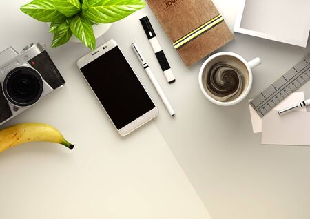 Top down view of a business desktop with a smartphone, office accessories,a journal, coffee and snacks. 3D illustration render.の写真素材