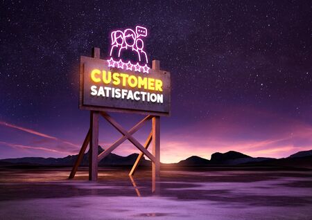 customer satisfaction neon road sign glowing at night. Mixed media illustrationの写真素材