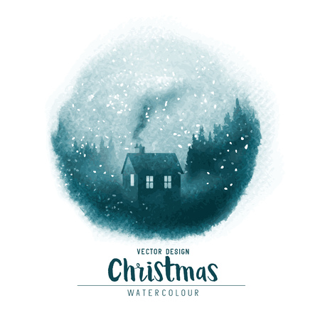 A Winter Christmas watercolor scenic with a house in a forest with falling snow. Vector illustration.のイラスト素材
