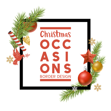Christmas ornaments composition border frame with room for a personalised message. Vector illustrationのイラスト素材
