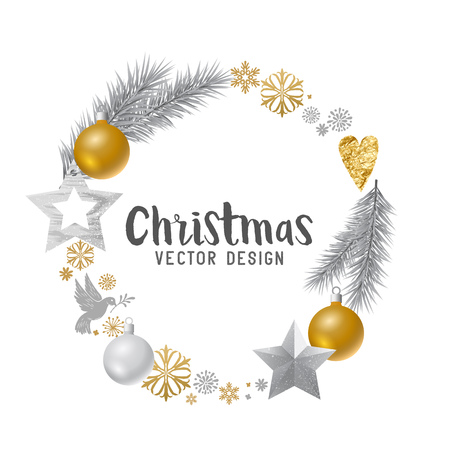 Silver and gold decorated Christmas Wreath. Vector illustration.のイラスト素材