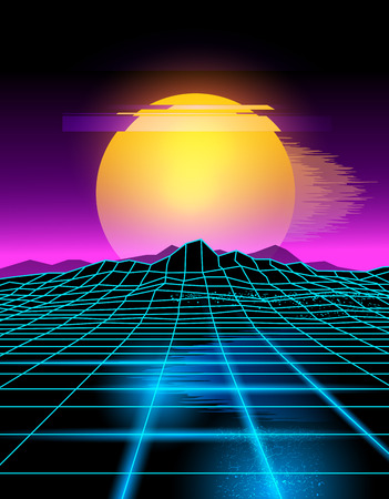 Futuristic neon grid lines and mountain landscape with a neon sun in pink and yellow.のイラスト素材