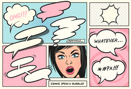 Retro cartoon comic speech bubble set with a woman and colorful background.のイラスト素材