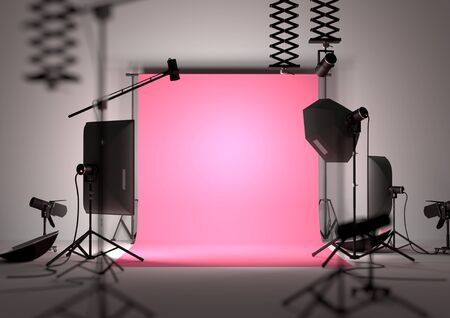 Fashion photography studio empty background with studio equipment. 3D illustration.の写真素材