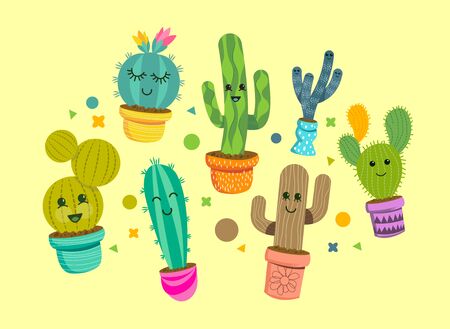 A collection of bright and happy cactus plant characters in colorful pots. Vector illustration.のイラスト素材