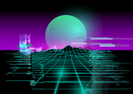 1980's neon grid lines and mountain landscape with a neon sun in purple and green. Glitch background vector illustration.のイラスト素材