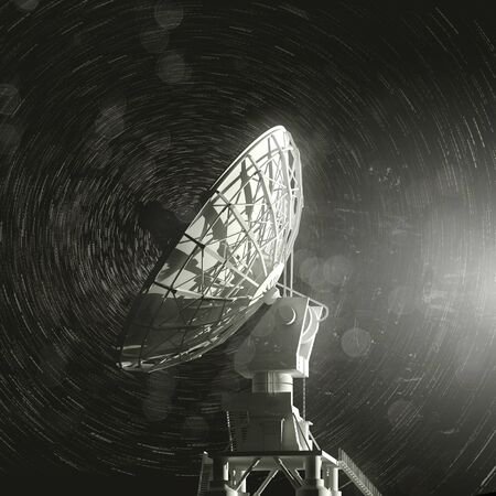 a single very large radio telescope pointing up towards the stars. 3D illustrationの写真素材