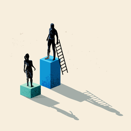 A man and women seperated by height. Gender issues in business including equal rights and pay gaps. Conceptual vecor illustration.のイラスト素材