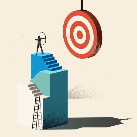 Business Target - Aim High. A person climbing up to a high point to reach a target. Conceptual vector illustration.のイラスト素材