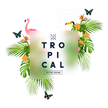 Tropical rainforest frame with palm tree leaves, floral elements, and wildlife. Vector illustrationのイラスト素材