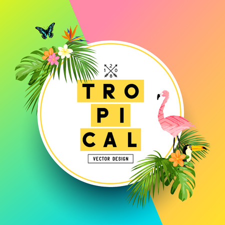 A bright and colorful tropical summer design with Plumerias, a flamingo and jungle palm leaves. vector illustration.のイラスト素材