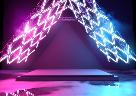 Stage with glowing neon lighting  - background with blank platform for concert or product placement. 3D illustration.の写真素材