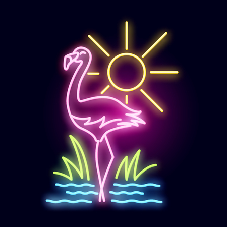 Tropical Neon Tube Light with a pink flamingo, sea and sun. Layered Vector illustrationのイラスト素材