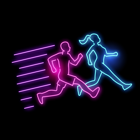 Neon glowing active running man and women light sign. vector illustration.のイラスト素材