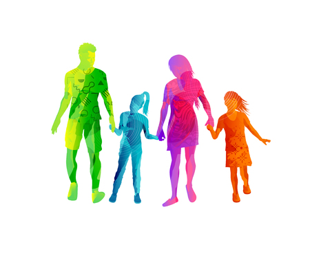 A happy family enjoying walking together and holding hands in colourful textures. Vector illustrationのイラスト素材
