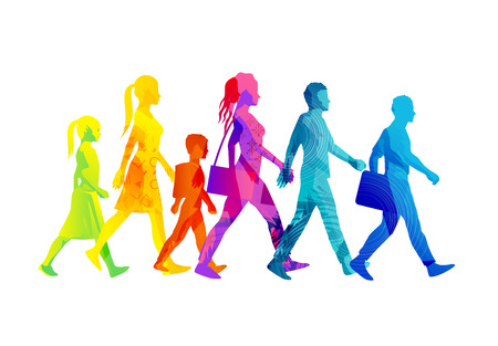 A selection of people silhouettes walking including children, women and men. Colourful texture vector illustration.のイラスト素材